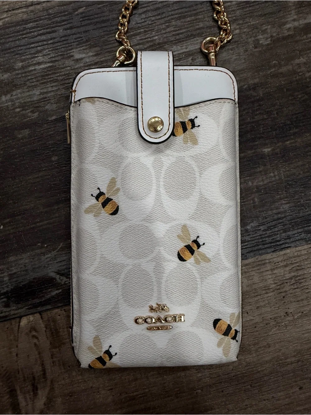 Coach Cream Bee-Print Crossbody Phone Wallet with Gold Chain